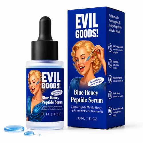 EVILGOODS Blue Honey Copper Peptide Face Serum - Lightweight Hyaluronic Acid Serum for Radiant, Uneven Skin Tone, Acne-Prone Skin, with Manuka Honey, Green Tea, Holy Basil, 1 Fl Oz, Gluten-Free Anti-Aging Moisture for Daily Morning & Evening Use