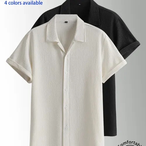 2-pack men’s summer short-sleeve shirts: men’s short-sleeve shirt, men’s shirt. Textured checkered short-sleeve shirt with button design; loose fit, turn-down collar, solid color, lightweight and breathable. Available in multiple colors—solid and versatil