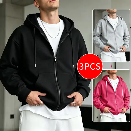 SPEEALER Men's 3-Pack Full Zip Hoodie Jackets - Soft, Loose Fit Long Hooded Zip Closure Men's Sweatshirts, Multicolor Casual Tops for Daily Commuting, Ideal as Gift