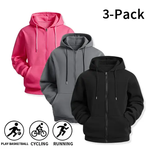 3 Pack Men Autumn Winter Soft Full Zip Hoodies Drawstring Side Pockets Loose Casual Hooded Jackets For Basketball Cycling Running Streetwear Daily Outfit