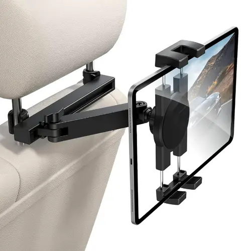 Car Headrest Tablet Mount for Most Cars - 3-in-1 Adjustable Arm, 360-Degree Rotatable, Tool-Free Install, 0.78in Deep Stable Hook, Anti-Slip Pads, Hands-Free for Kids & Parents on Long Trips, Fits 4.7-12.9" Devices (iPad Pro, Air, Mini 5, Galaxy)