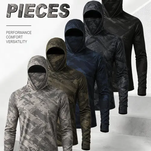 5-Pack Men’s Camouflage Balaclava Hooded Long-Sleeve Shirts, UPF Sun Protection Tactical Athletic Tops with Face Mask and Thumb Holes
