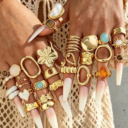 29-Piece Metal Ring Set, Elegant Floral Design, Boho Style Rings, Zinc Alloy, Stackable Rings, Party & Birthday Gifts, Women's Jewelry Accessories
