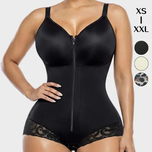 Women Shapewear Plus Size Zip Front Lace Hem Tummy Control Leopard Print Bodysuit Viral Bodysuit Shapewear Bodysuit Fit Gym Motivation Waist Trainer Body Shaper Seamless Compression Body Suit Everyday Outfit OOTD Abdomen Bodysuit