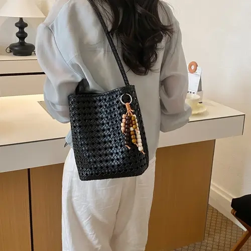 2026 New Fall Summer Hollow Out Shoulder Bag, Vacation Style Soft Leather Vintage Bucket Bag, Woven Basket Handbag, Single Strap Casual Crossbody