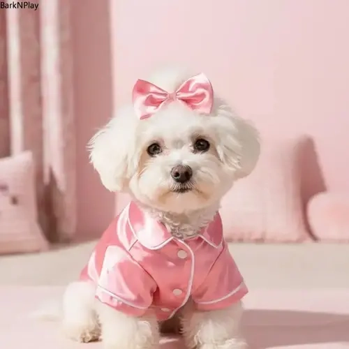 Soft Silk Pet Nightwear Set - Fashion Puppy Clothes with Bow Headband, Cozy Casual Pink Outfit for Small Dogs/Cats, Easy-Wear PVC Accent Apparel for Daily/Everyday Comfortable Nights,sohochic