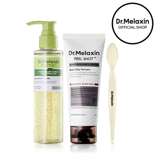 [Dr.Melaxin Official] Double Cleansing Duo with Pore Brush, Cactox Oil&Peel Shot Black Rice Mochi Whip Cleanser, Cactus Elixir, Fermented Black Rice, LHA, Niacinamide, Deep Pore Care