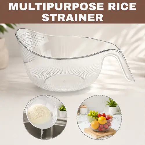 Aesthetic Multifunctional Rice Strainer with Handle - Sturdy BPA-Free Transparent Plastic Kitchen Utensil, Colander for Draining Vegetables, Fruits, Coffee Dispenser Set
