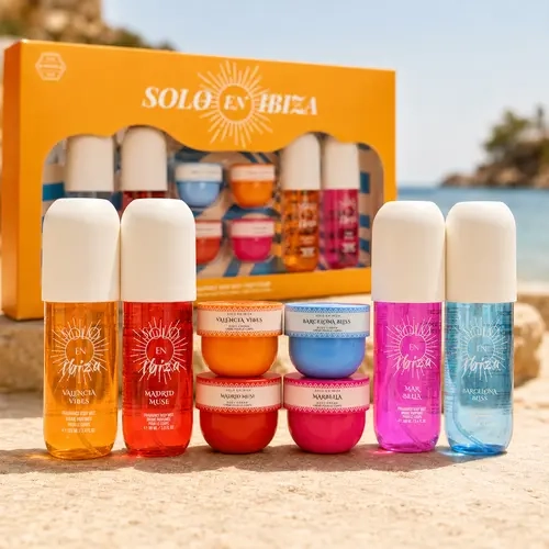 SOLO EN IBIZA 8-Piece Body Mist & Body Cream Set, 4 Fragrance Mists + 4 Moisturizing Creams, Long-Lasting Scent Layering Set with Fruity Floral, Warm Gourmand & Vanilla Musk Scents