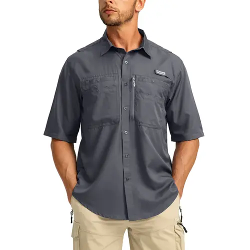 G Gradual Men's Casual Outdoor Button-Down Fishing Top - UPF 50+ Lightweight Cool Short-Sleeve, Zipper Pockets, Machine Wash for Hiking/Light Outdoor Sports