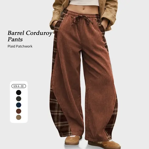 TARSE Women's Curved Leg Barrel Pants Corduroy Plaid Side Panel Casual Loose Vintage Trousers with Pockets