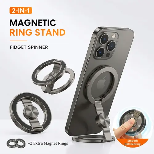2PCS Foldable Metal Double-Sided Magnetic Fidget Spinner Smartphone-Cellphone Ring Stand Accessories - Heavy-Duty Zinc Alloy Kickstand, Compact Desk Phone Holder, Landscape View, Magnetic Mount for Car, Gray+Gold w/2 Extra Magnet Rings,sohochic