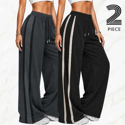 Women's Casual Striped Wide-Leg Pants (Set of 2) - Elastic Waistband, Pockets, Loose-Fitted Design, Suitable for Yoga, Outdoor Commuting.Summervibes, Clothes For Women, 2 Pcs Set,sohochic