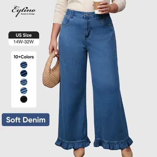 Eytino Womens Plus Size Elastic High Waist Pockets Wide Leg Ruffled Hem Casual Jeans (1X-5X)