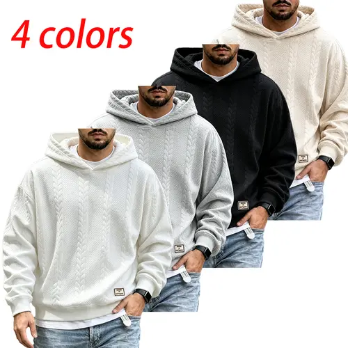 Men's Plain Preppy Pullover Hoodie - Textured Weave Jacquard Fabric, Drop-Shoulder, Long-Sleeve All-Season Medium Length Long Men's Hoodies, Casual Pull-On Menswear for New Year Outdoor Use, XL