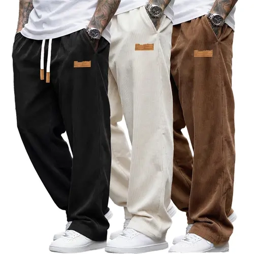 Men's Long Corduroy Woven Soft Stylish Polyester Loose-Fitting Wide-Leg Pants - Elastic Waist Drawstring, Leather Patch Detail, Casual Streetwear, 2XL Trouser,sohochic