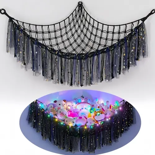 LED Stuffed Animal Hanging Net Hammock - Wall Mount Playroom Storage Organizer, Space-Saving Storage Organization Apartment Accessories for Kids Rooms, Cute Room Stuff Girls' Nursery Decor