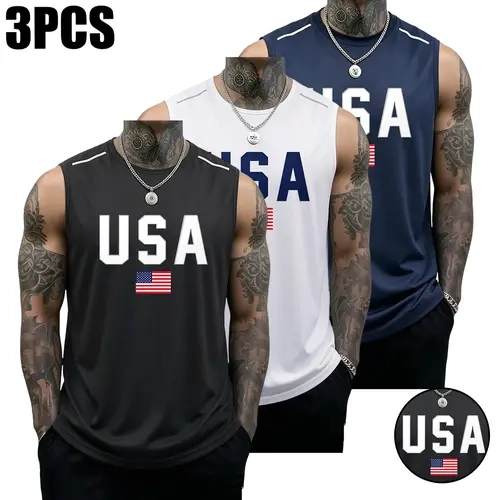 SummerWins Men’s 3PCS Basic All Seasons Tank Tops - Casual Soft Sleeveless Polyester Activewear, Solid Color USA Flag Print, Athletic Fitness Top, Street Versatile Men’s Gift for Running