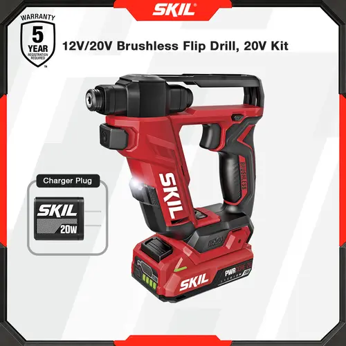 SKIL PWR CORE 20 Brushless Motor Cordless Drill Driver Kit, 20V Construction Power Tool with Double Collet Flip Head, Torque Settings, Magnetic On-board Storage, Belt Clip, Drill Mode, 2.0 Ah USB-C Batteries, Charger, Built-in LED Light, Tools and Gadgets