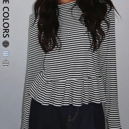 Women's Round Neck Long Sleeve Striped Hem Ruffle Design Top, Slimming Ruffle Design Versatile Top, Essential Layering Top for Fall Winter