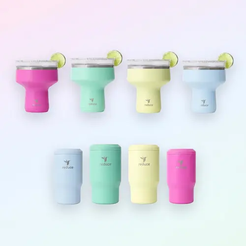 Reduce Party Pack Bundle - 8-Pack Stylish Reusable Kitchenware Drinkware Set: 4 16oz Saltini Cocktail Tumblers with Comfortable Grip, 4 Insulated Vacuum Flasks with Adjustable Lid, Fits Cans/Bottles, for Casual Beach, Tailgates, Parties, Newlyweds