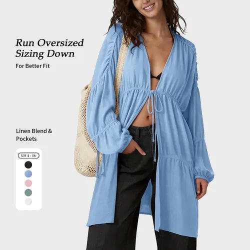 【SS26 Collection】TARSE Womens Oversized Swimsuit Cover Up Linen Blend Tie Front Kimono Long Cardigan Pleated Ruffle Flowy Coverup Beachwear with Pockets Vacation Outfits