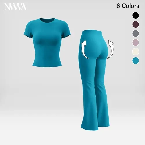 Women's 2-Piece Athleisure Activewear Clothing Set - Crew Neck Short Sleeve T-Shirt, High Waist Flared Pants, Brushed Buttery Soft Stretchy Tummy Control Scrunch Outfit for Yoga, Gym,sohochic