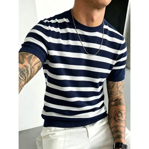 Lightweight breathable hollow knit crew neck short sleeve tee with horizontal stripe woven texture, slim stretch tailored silhouette, soft cooling fabric timeless casual staple to build effortless modern mensfashion daily outfits