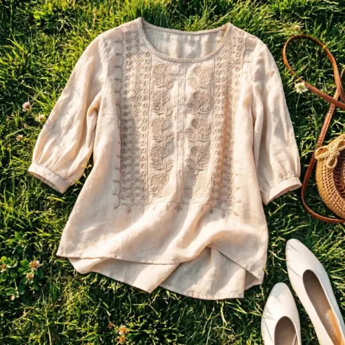 Women's Casual Vintage Blouse, Lightweight Summer Top with Intricate Embroidery, Breathable Cotton-Linen Blend, Loose Fit, Round Neck, Mid-Length Sleeves