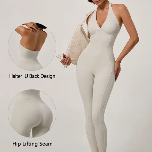 TIMEOFF Women's Halter U-Back Full-Length Gym Workout Jumpsuit - Contour Hip-Lifting Seam, 4-Way Stretch Naked Soft Fabric, No-Chafing Body-Sculpt Fit Women's Clothes for Yoga, Pilates