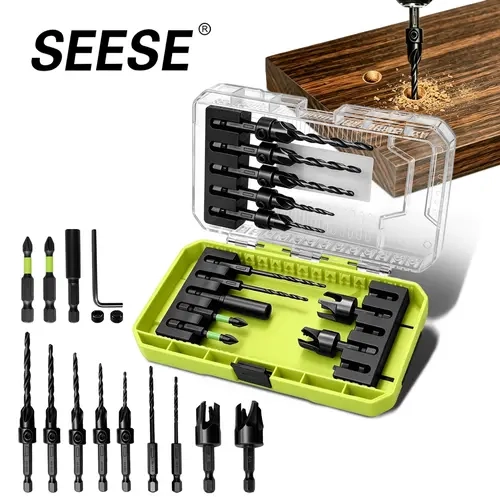 SEESE 15 PCS Adjustable Countersink Drill Bit Set, 1/4 Inch Quick-Change Hex Shank, HSS Wood Countersink Drill Bits with 2PCS Wood Plug Cutters Plug Cutter,Magnetic Extension Bit Holder & Storage Case for Woodworking toolupgrade