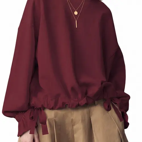 Shewin Women's Round Neck Drawstring Hem Sweatshirt Ruffle Cuff Knot Tie Loose Everyday Casual Pullover