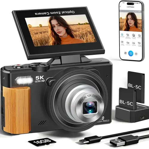 WIKICO 5K Digital Camera, 80MP Digital Camera for Photography with 3" 180° Flip Screen,12X Optical Zoom, Flash, Autofocus Vlogging Camera for YouTube with 2 Batteries & 16GB TF Card