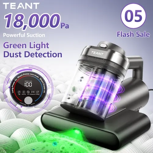 【Flash Sale】Teant Mattress Vacuum Cleaner(05)with Dust Sensor & Green Light Detection, 18kPa Suction + 33000 RPM Tapping, UV & Ultrasonic Dust Mite Removal, Aroma Tablet, Pet Hair Cleaner for Bed Sofa Baby Crib,summerwins,sohochic