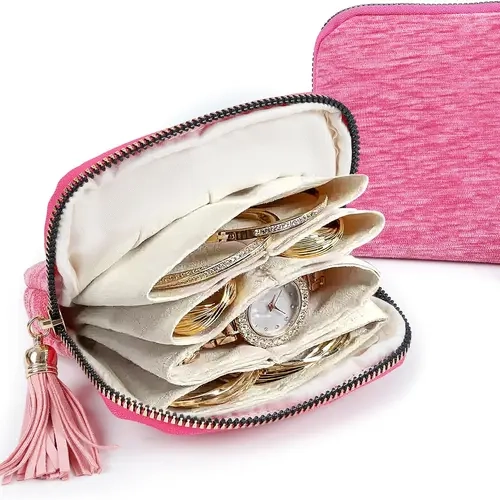 （Azalea Pink）Jewelry Travel Case - Small Jewelry Pouch for Bracelets Necklace Bangles Healing Crystal, Portable Earring Ring Organizer for Traveling with Zipper Gift for Women, Azalea Pink