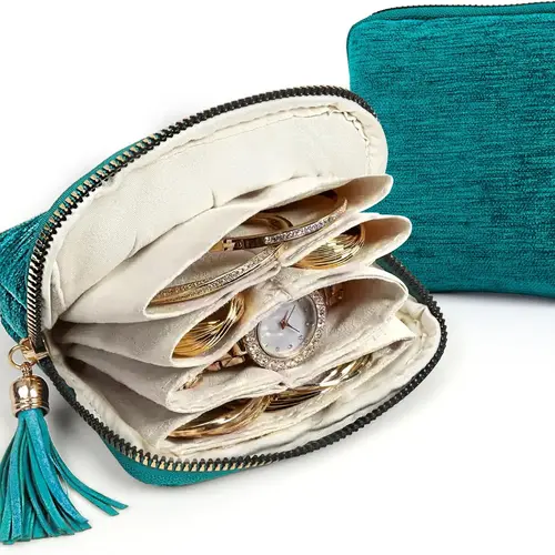 （Teal blue）Travel Jewelry Case, Portable Soft Jewelry Bags, Organizer Pouch with 6 Compartments Pocket, Anti-Scratch Storage Holder for Bangle Bracelets Earrings Necklace, Women Gifts