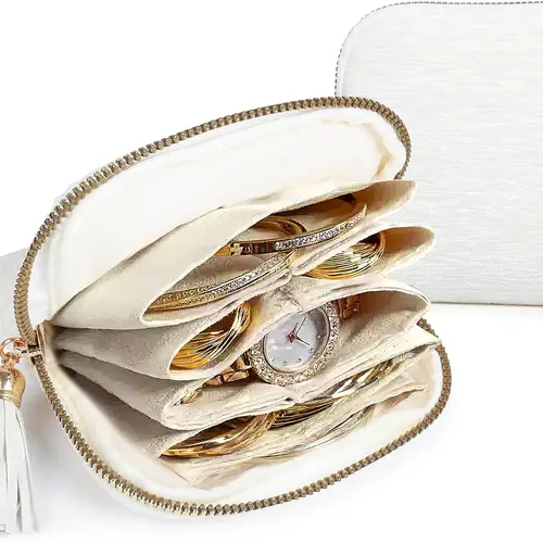 BOOVO  Small Travel Jewelry Case: 5-Layer Individual Pouch Soft Velvet Bag Organizer With Zipper For Bracelets Bangles Protect From Tangle Scratch For Travelers Fashion Enthusiasts(Cream White)