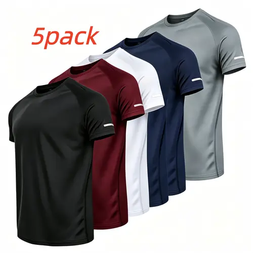 5-Pcs Men’s Casual Sporty Printed Reflective Stripe T-Shirts, Ultra-Lightweight Crew Neck Short-Sleeve Tops, Breathable Quick-Dry Moisture-Wicking Sweat-Absorbing Running Shirts, Lightweight Comfortable Workout Tees for Gym & All Wet Dry Conditions