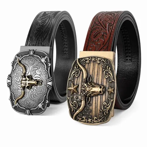BELTROAD Men's 2-Pack Vintage Western Embossed Belts with Automatic Cowboy Buckle & Ratchet Adjuster, Casual Daily Use Formal Christmas Fashion Accessory,sohochic