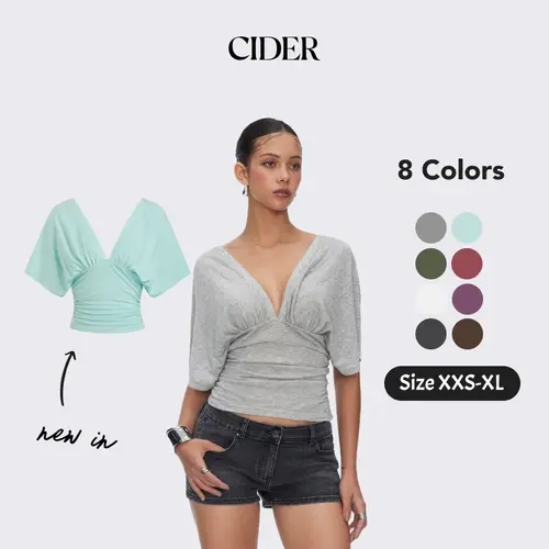 Cider Lyocell-blend V-neck Batwing Sleeve Ruched Slim Tee