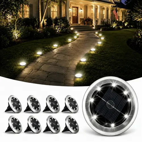 8-Pack Stainless Steel Mini Solar Ground Lights - Water Resistant, Cool White Illumination, 2.4"h × 2.9"d, with Batteries, Festive Decor for Driveways, Home Outdoor Landscape Supplies
