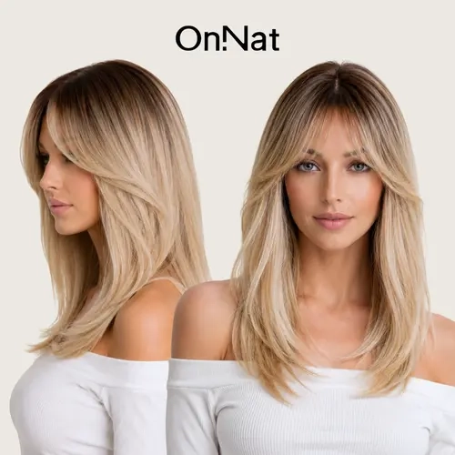 OnNat 16 Inches Beige Blonde Wig with Bangs for Women Straight Layered Synthetic Hair Wig Heat Resistant Glueless Full Machine Wig with Adjustable Strap Ready to Wear