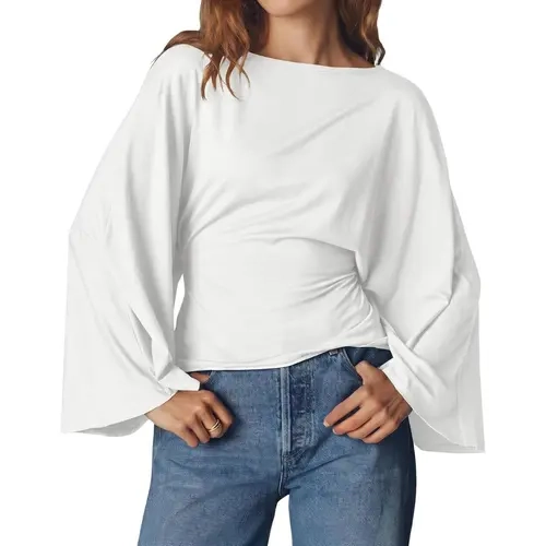 Cicy Bell sohochic Women Bell Long Sleeve Wrap Tops Tie Back Boat Neck T Shirt | Casual Trendy, Batwing Long Sleeve, Loose Fit, Cinched Waist, Flowy Blouse, Summer, Fall Clothes