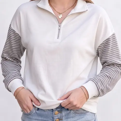 Shewin Women's Color Block Half Zip Sweatshirt Striped Raglan Long Sleeve Loose Everyday Casual Pullover,sohochic