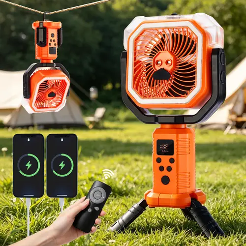 Qawtor 2026 Upgraded Portable Camping Fan - Mist Function, Rechargeable, Compact, USB Port, Tripod, Hanging Hook, Telescopic Stand, Digital Display, Multi-Speed, Modern Style, Easy Travel, for Office Desks, Fan Portable