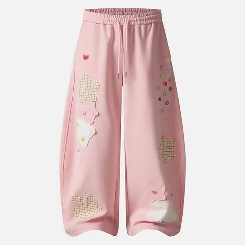 Aelfric Eden Star Patch Baggy Barrel Sweatpants High Waist Balloon Barrel Silhouette Star Patchwork & Button Detail Drawstring Elastic Waist Soft Fabric Sweet Girl Streetwear Unisex Bottoms,back to school shopping,sohochic