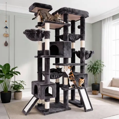 SHA CERLIN 87"(7.3ft) Giant Multi-Level Cat Tree Tower, Heavy Duty Indoor Condo Mansion Activity Center for Large Cats & Kittens with Sisal Posts, Deep Contour Basket Hammocks, Dual Scratching Ramps, Interactive Hanging Plush Balls & Top Perches, sohochic