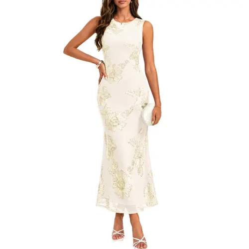 GRACE KARIN Women's 2026 Sleeveless High-Stretch Mesh Fitted Full-Length Bodycon Maxi Dress - Elegant Dresses for Wedding Guest & Cocktail Party