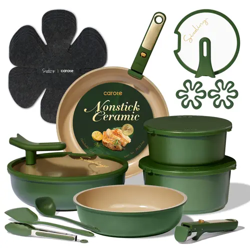 [Official] CAROTE 20Pcs Ceramic Cookware Set Stand-Up Lid with Detachable Handle Set, Non Stick Pots and Pans Set Non Toxic, PFAS Free, Kitchen Supplies