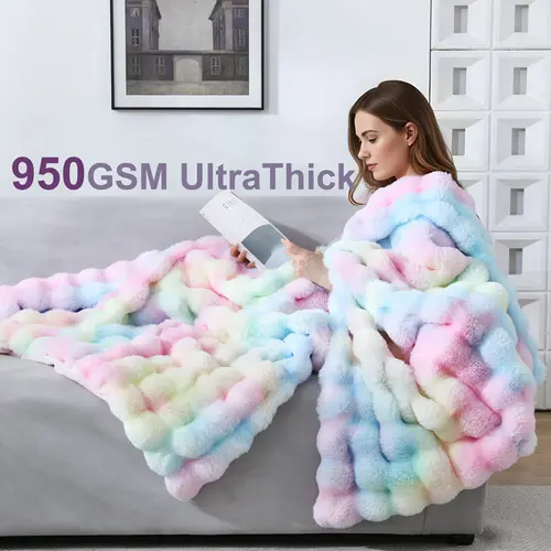 【Sohochic】DOWNCOOL 950GSM Faux Fur Bubble Throw Blanket, All Season Soft Luxury Faux Rabbit Fur Mink Plush Throw for Couch, Sofa and Bed, Soft Fluffy Fuzzy Cozy Blanket Rainbow print, #dealsforyoudays #Summerwins, Room Decor, Family, 950Gsm Thick